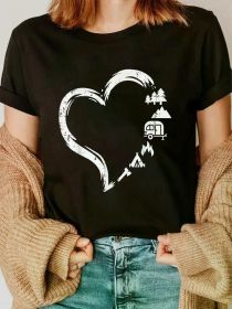 Trees RV Van Campfire Tent Heart Cute Love Camping Camper T-Shirt Casual Short Sleeve Shirt (Color: Black, size: XXXL)