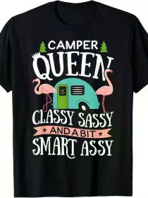Camper Queen Classy Sassy Smart Funny Women Girls Camping RV T-Shirt 220g (Color: Black, size: XXL)