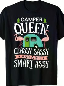 Camper Queen Classy Sassy Smart Funny Women Girls Camping RV T-Shirt 220g (Color: Black, size: XL)
