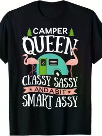 Camper Queen Classy Sassy Smart Funny Women Girls Camping RV T-Shirt 220g (Color: Black, size: L)